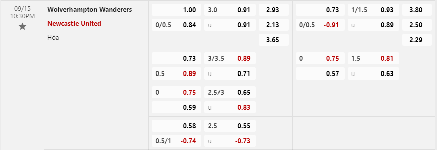Tỷ lệ kèo Wolverhampton vs Newcastle United
